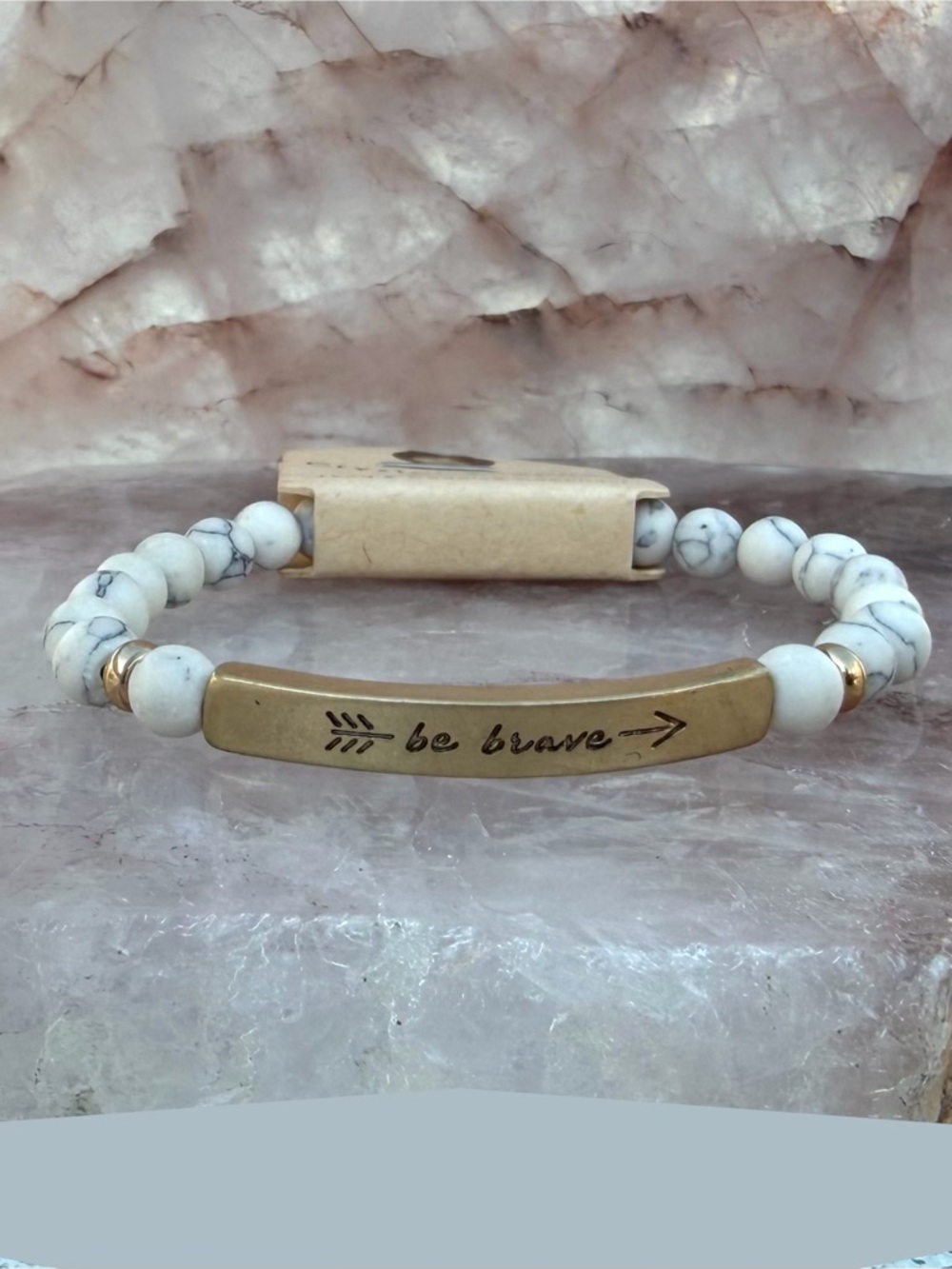 Crystal Avenue "Be Brave" Inspirational Howlite Beaded Stretch Bracelet - Picture 2 of 4